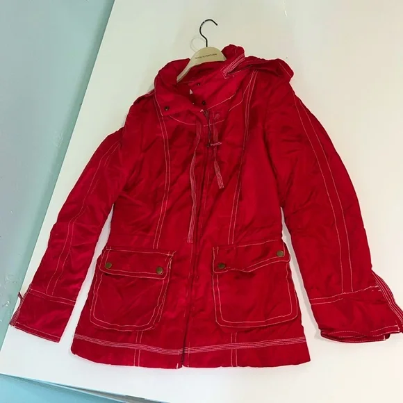 Zara Basic Women’s Red Raincoat Full Zip with Detachable Hoodie & Pockets, S